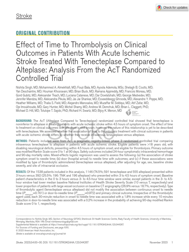 2023 - Effect of Time To Thrombolysis On Clinical Outcomes in Patients ...