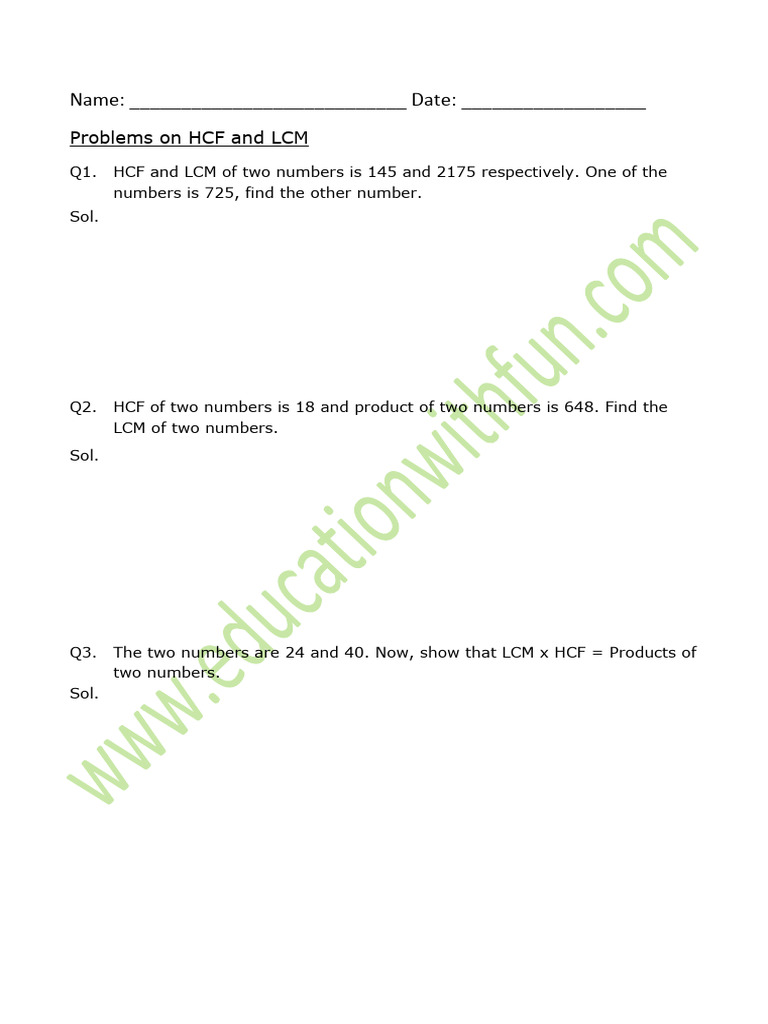 HCF and LCM Problem Set | PDF