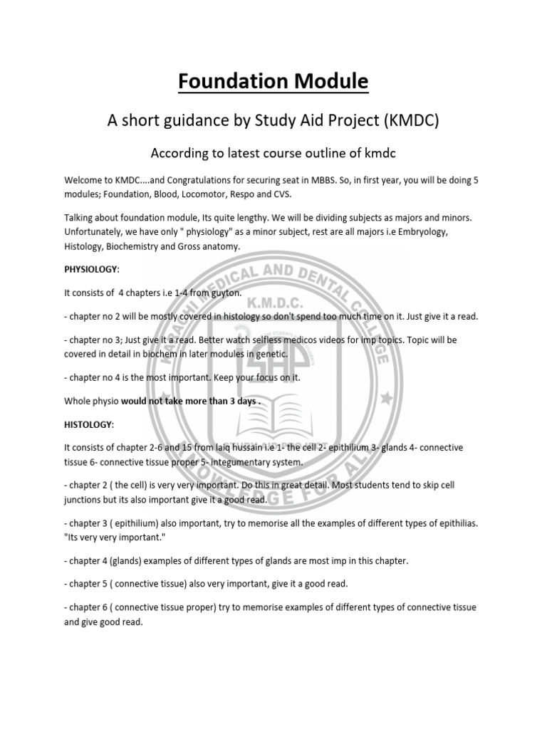 KMDC MBBS Foundation Module Guide | PDF | Anatomy | Biological Processes