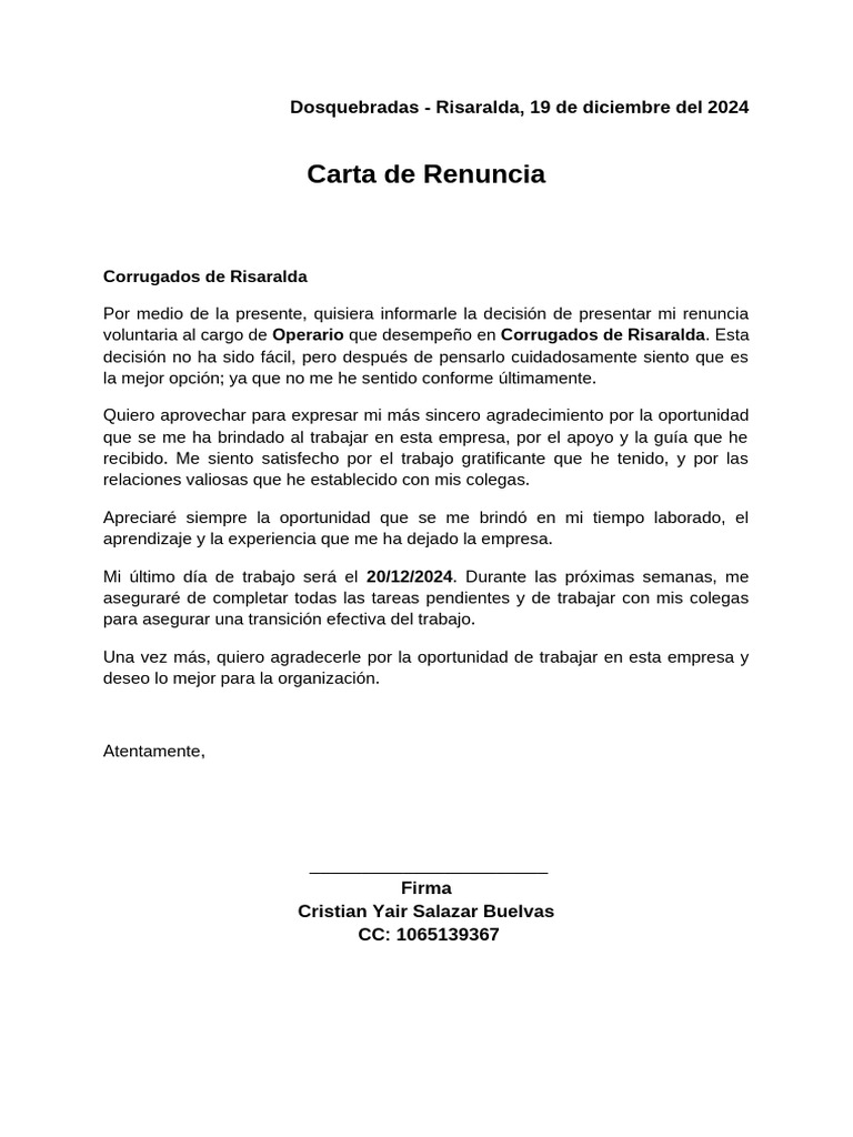 Carta de Renuncia Voluntaria Laboral | PDF