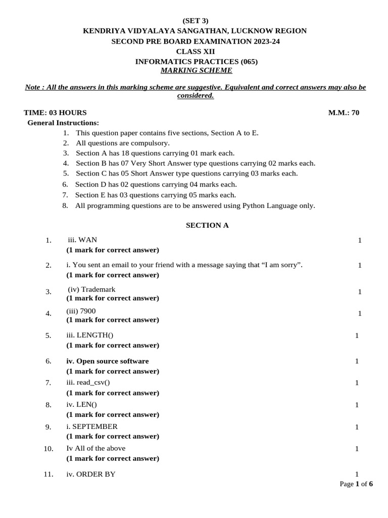 Class XII Informatics Practices Marking Scheme | PDF | Computing
