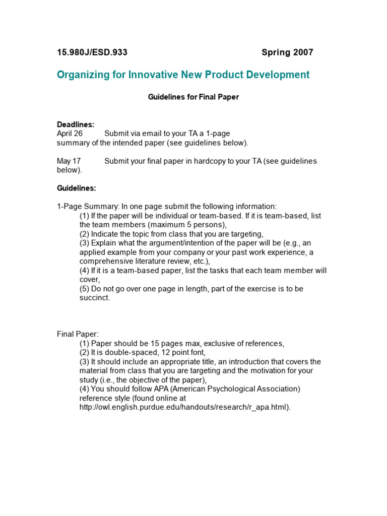 Organizing For Innovative New Product Development: 15.980J/ESD.933 ...