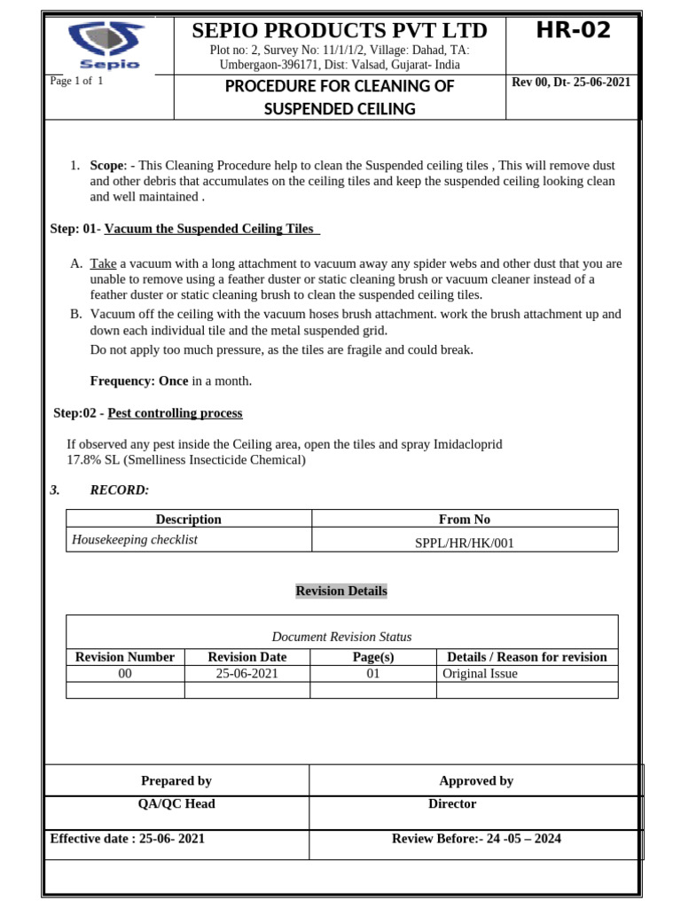 Cleaning Procedure for Ceiling Tiles | PDF