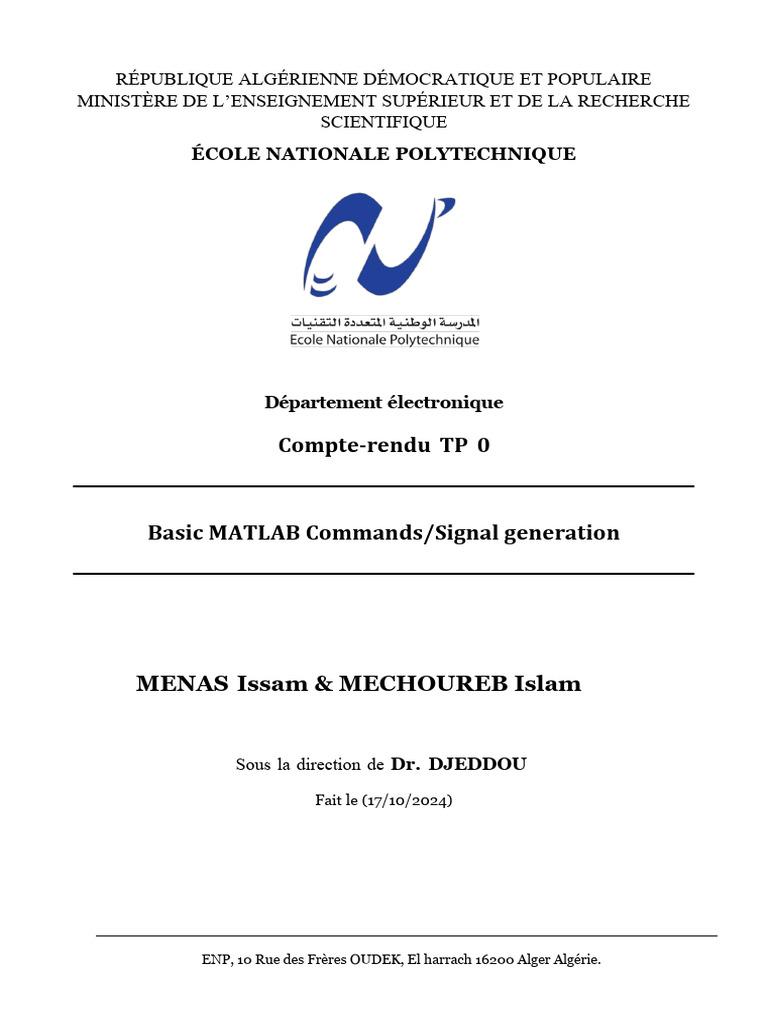 Compte-rendu TP 0 : Commandes MATLAB | PDF | MATLAB | Mathématiques