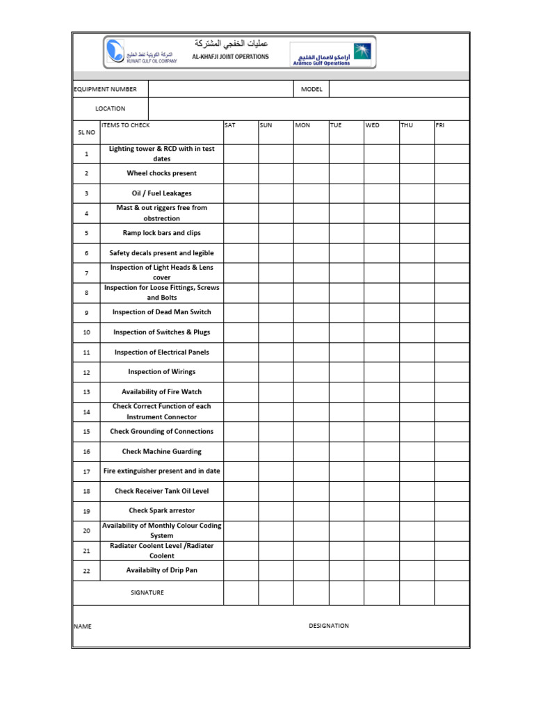 Daily Inspection Checklist for Lighting Towers | PDF