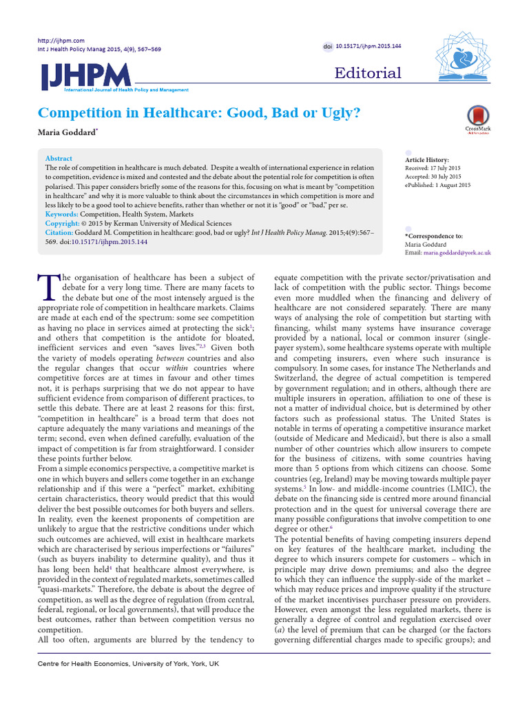 Competition in Healthcare. Good Bad Ugly. | PDF | Market (Economics ...