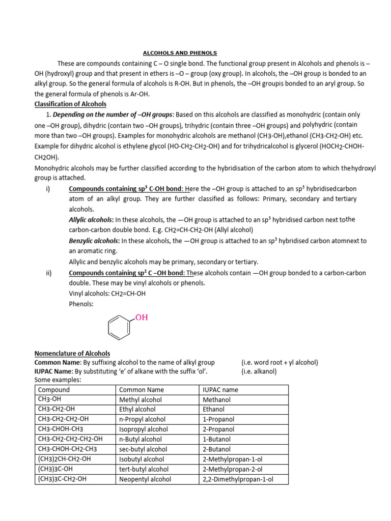 Alcohols, Phenols and Ethers Notes-1 | PDF | Ether | Aldehyde