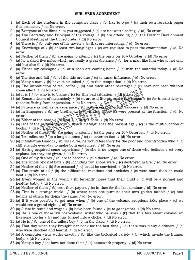 Subject-Verb Agreement Errors | PDF