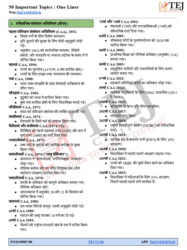 Topic 2 प्रमुख संविधान संशोधन 50 Topics One Liner Google Docs | PDF