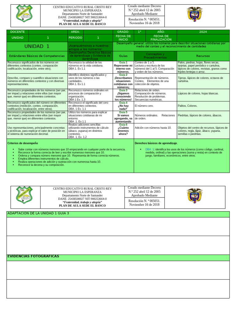 Plan de Aula para Primer Grado 2024 | PDF | Sustracción | Aprendizaje