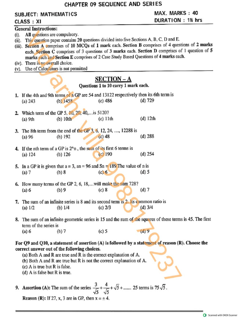 Maths Class Xi Chapter 09 Sequence and Series Practice Paper 06 | PDF