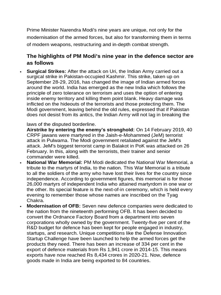 Modi's Defence Achievements in Nine Years | PDF | Military | Government ...