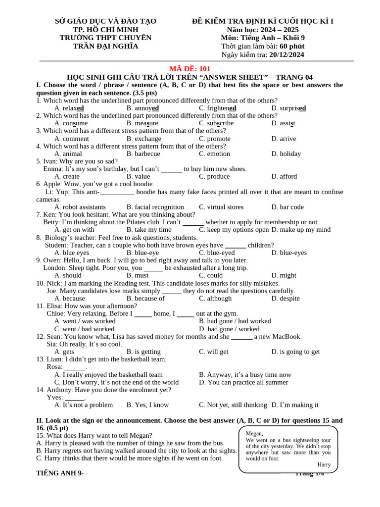 Grade 9 English Semester Exam 2024 | PDF | Vietnam | Hanoi