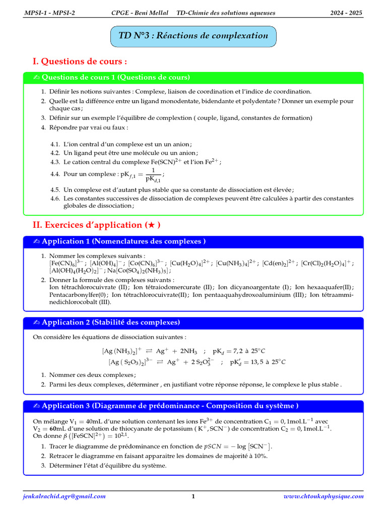 Réactions de Complexation en Chimie PDF Dissociation (chimie) Ion — free download