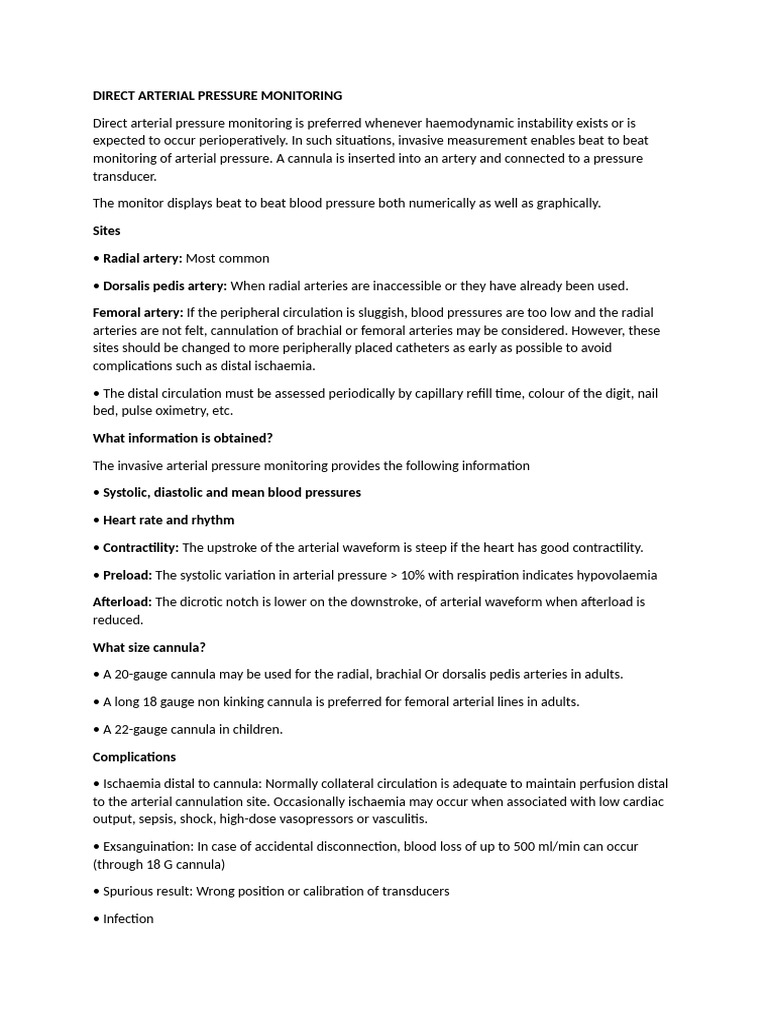 DIRECT ARTERIAL PRESSURE MONITORING | PDF | Blood Pressure | Shock ...