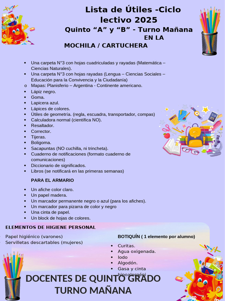 Lista de Útiles Quinto Grado 2025 | PDF