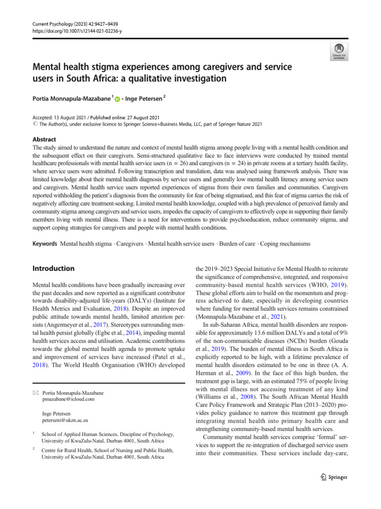 Mental Health Stigma Experiences Among Caregivers and Service | PDF ...