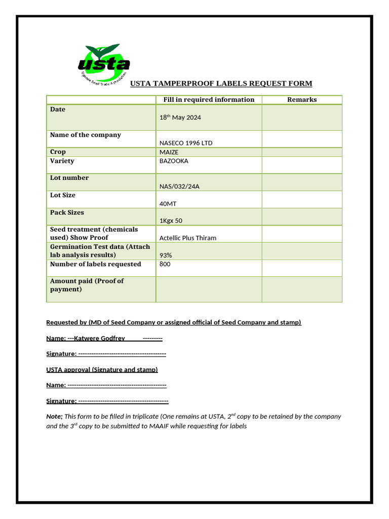 Tamperproof Labels Request Forms 2024a 1 | PDF | Seed | Botany