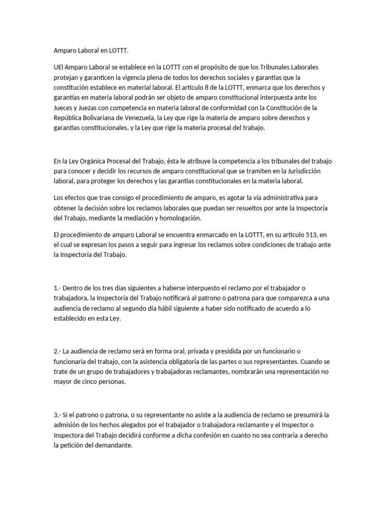 Amparo Laboral en LOTTT | PDF | Derecho laboral | Ley procesal