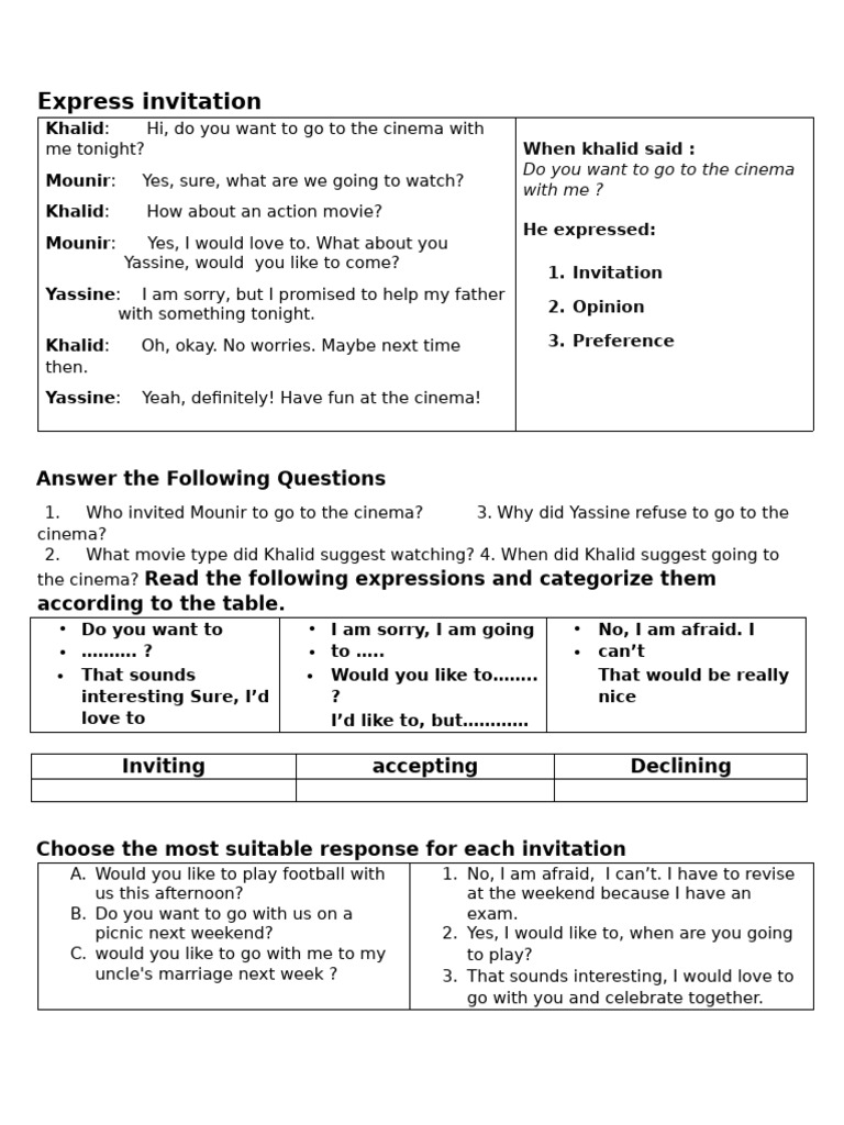 Cinema Invitation Dialogue and Responses | PDF