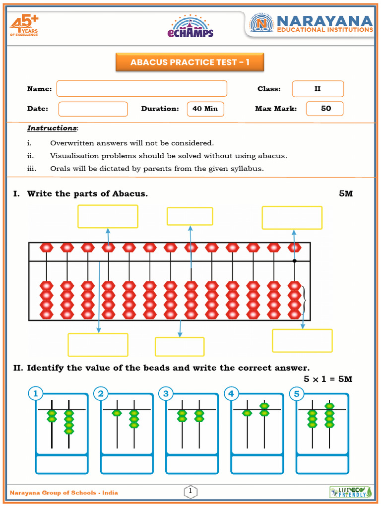 Abacus Practice Test for Class 2 | PDF