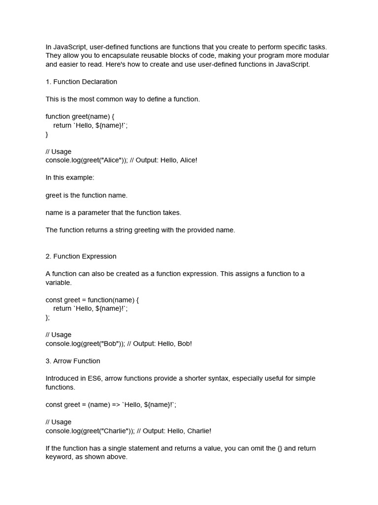 User Defined Functions in Js | PDF