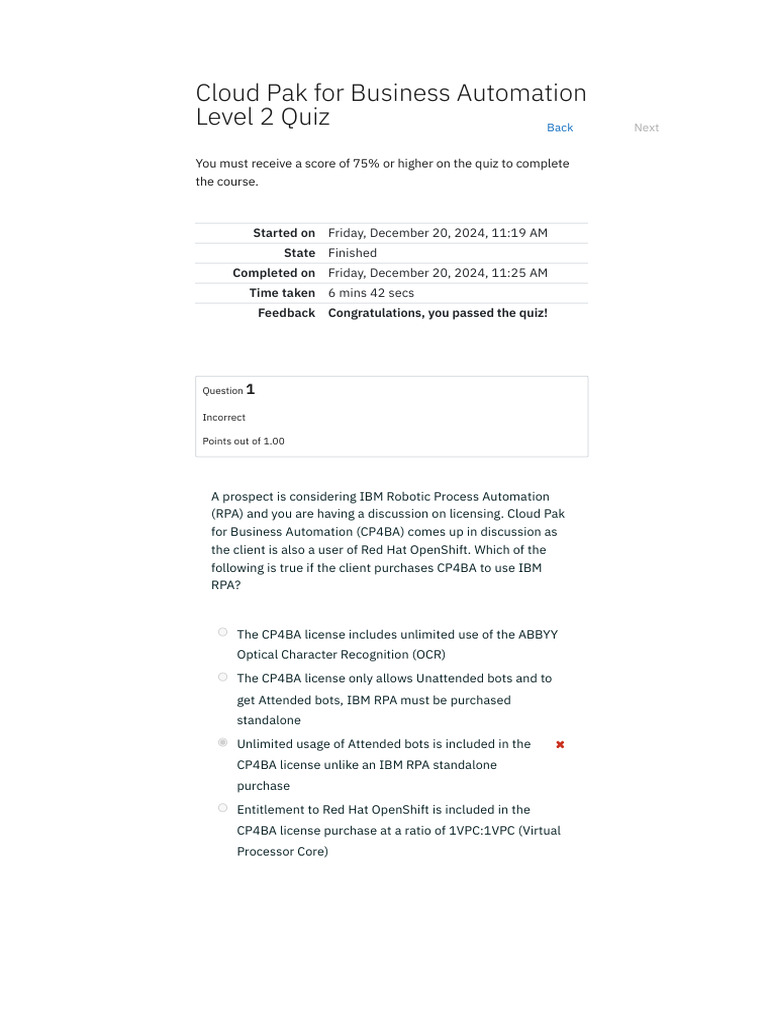 Cloud Pak For Business Automation Level 2 Quiz Attempt Review