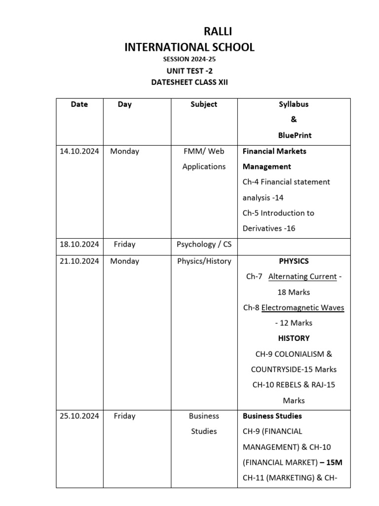 Class Xii Ut 2 Datesheet Pdf