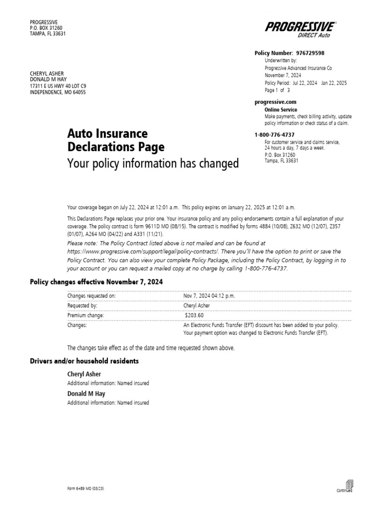 Progressive Insurance Declarations Page | PDF | Insurance | Deductible