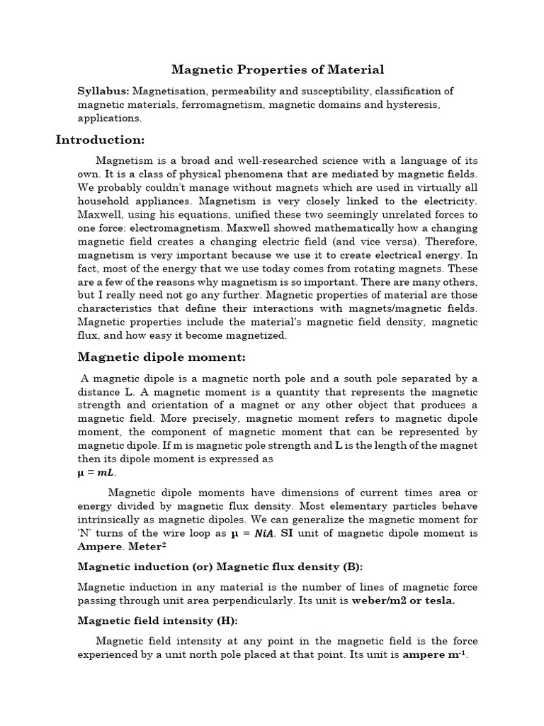 Magnetic Properties of Materials Explained | PDF | Magnetism | Magnetic ...