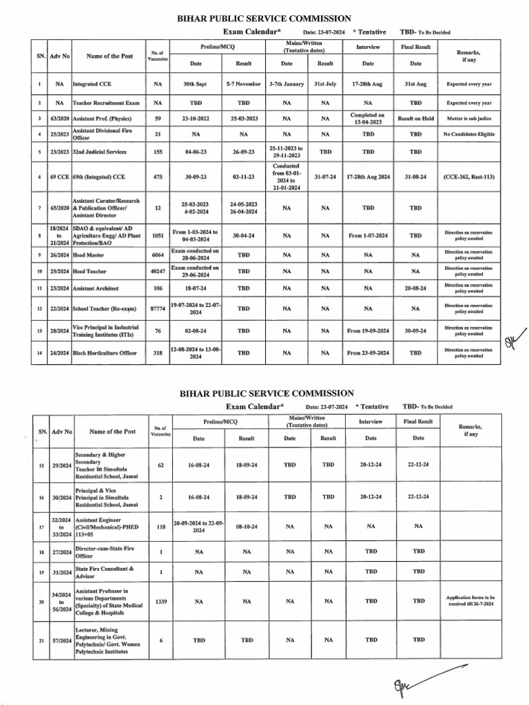BPSC Exam Calendar PDF