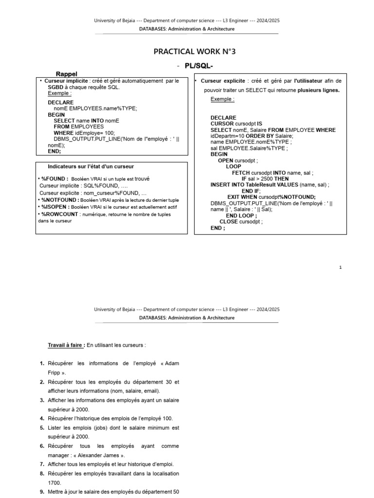 PL/SQL : Travaux Pratiques sur Curseurs | PDF | SQL | Gestion des données