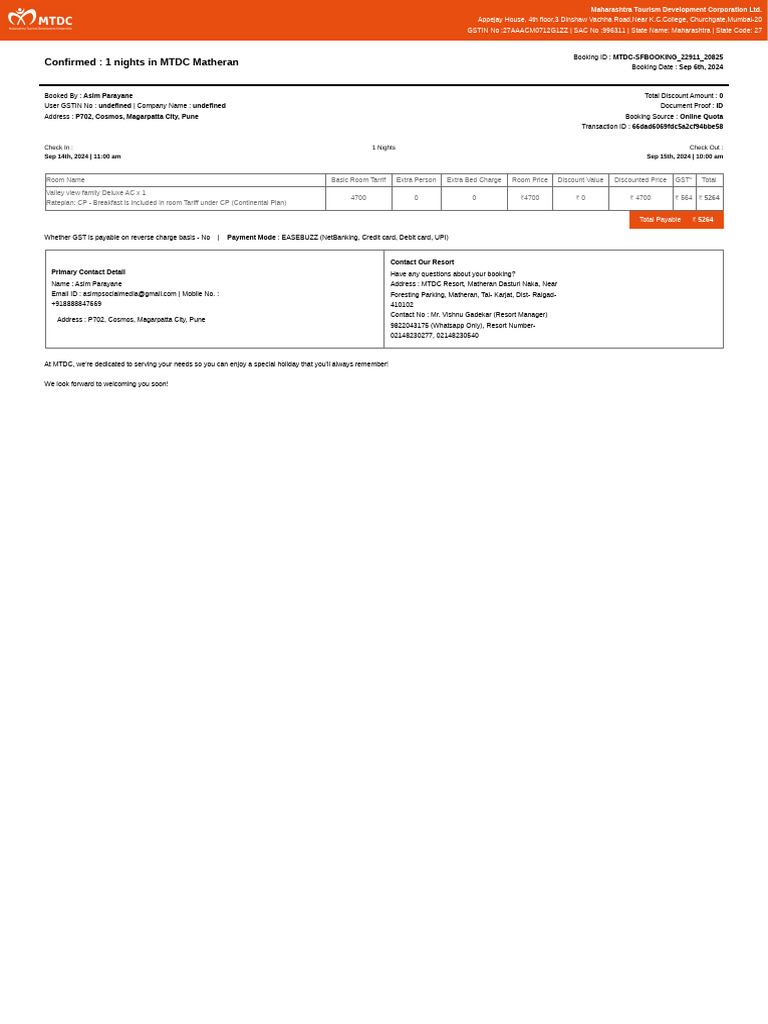 MTDC Matheran Booking Confirmation | PDF | Credit Card | Debit Card