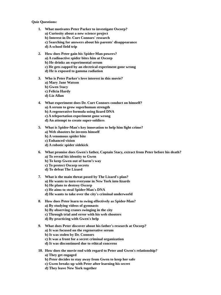 Spider-Man Movie Quiz Questions | PDF