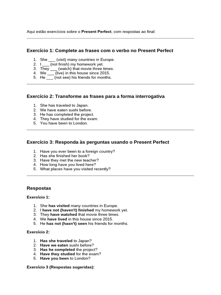 Exercícios de Present Perfect com Respostas | PDF