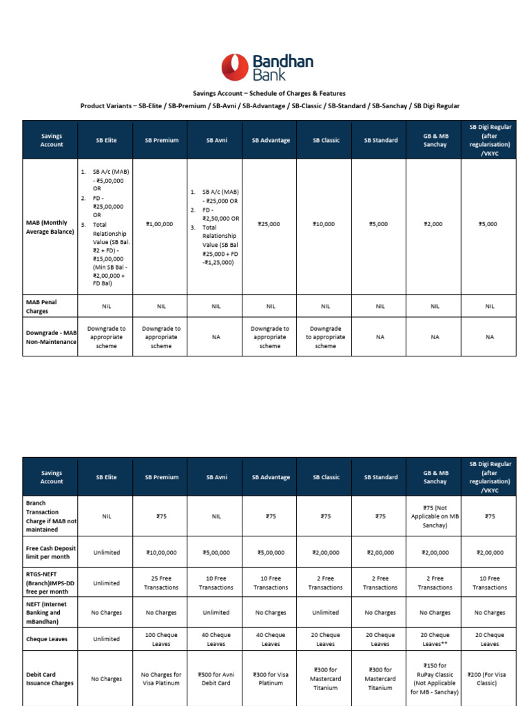 Bandhan Bank Savings Account Features | PDF | Banking | Payments