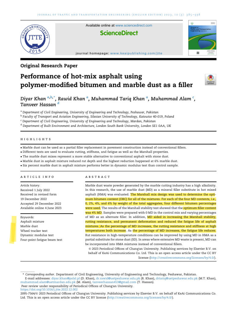 Diyar Khan Polymer Modified Bitumen and Mable Dust As Filler | PDF ...