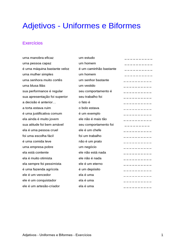 Exercícios sobre Adjetivos Biformes e Uniformes | PDF | Sintaxe ...