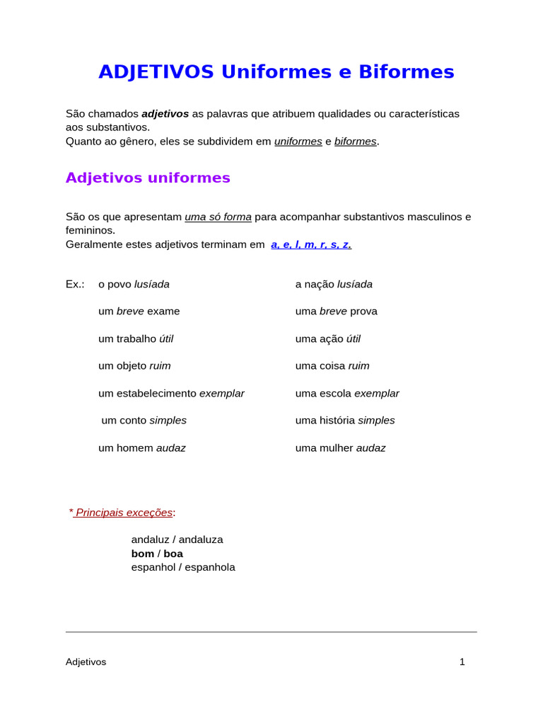 Adjetivos Uniformes e Biformes | PDF | Idiomas | Estudos de Línguas ...