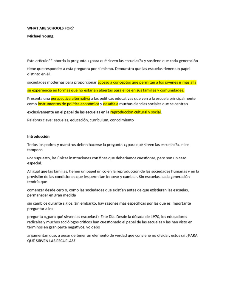 El Propósito de las Escuelas en la Sociedad | PDF | Conocimiento | Plan ...