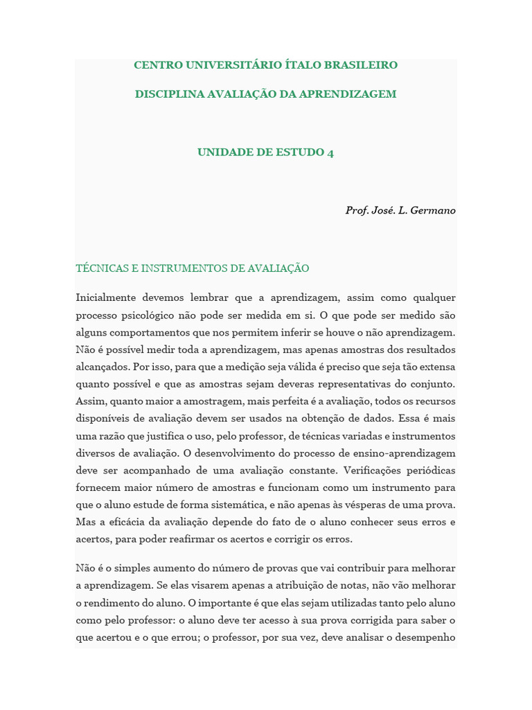 Técnicas de Avaliação da Aprendizagem | PDF | Aprendizado | Psicologia