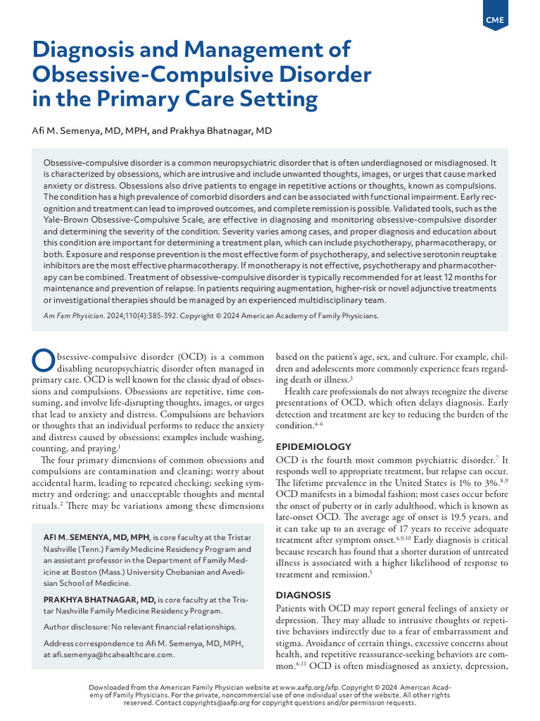 AAFP - Diagnosis and Management of Obsessive Compulsive Disorder in The ...