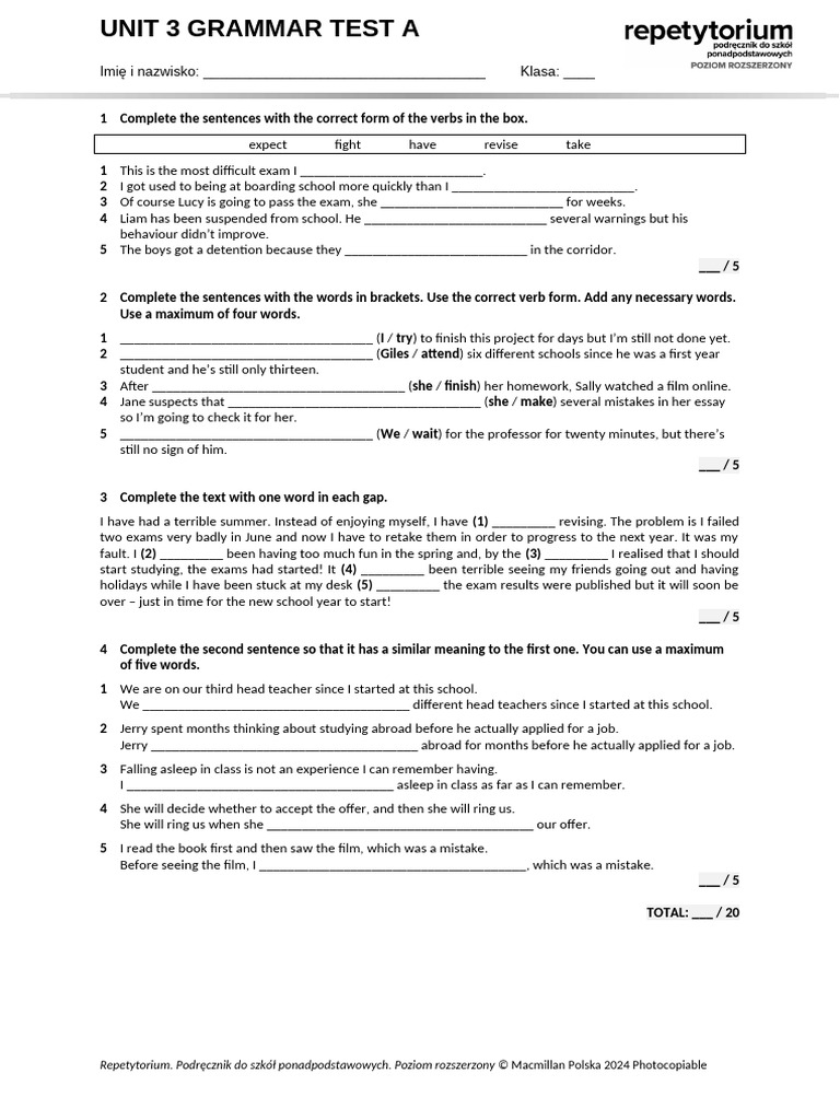 U03 Grammar Test A | PDF | Grammar | Linguistics