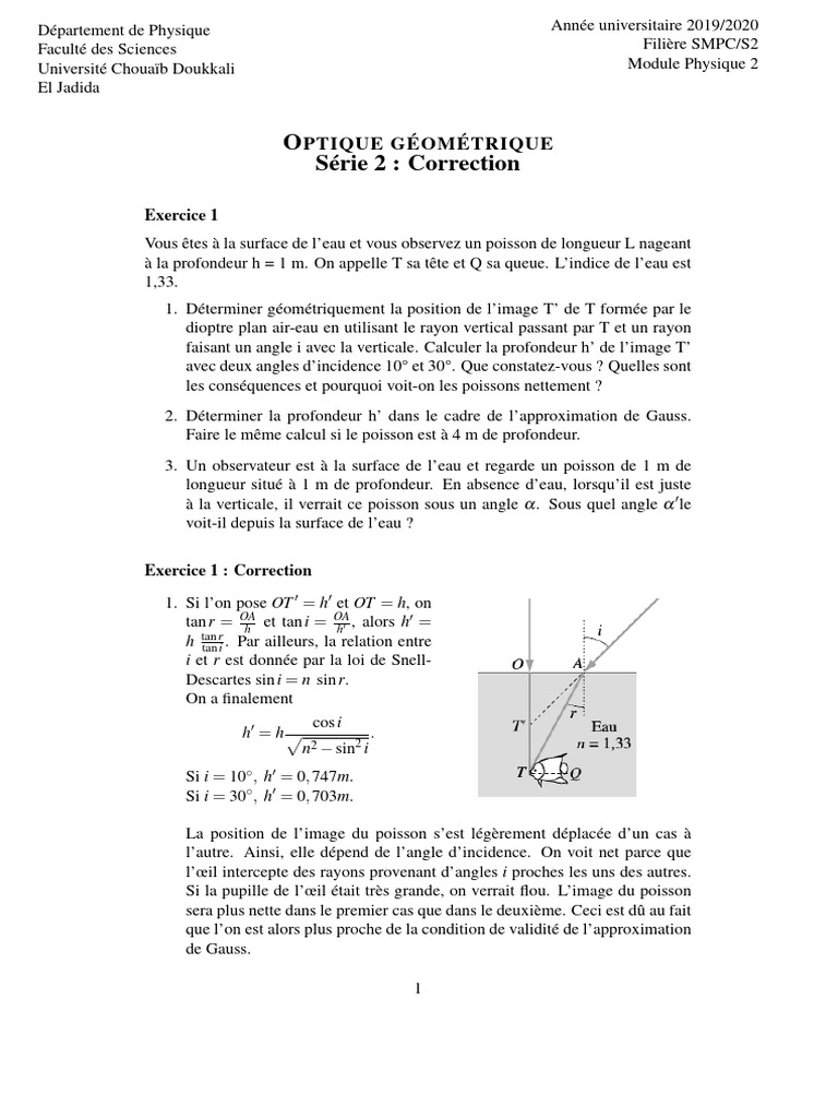 Optique Sabri TD 2 Correction | PDF | Indice de réfraction | Réfraction