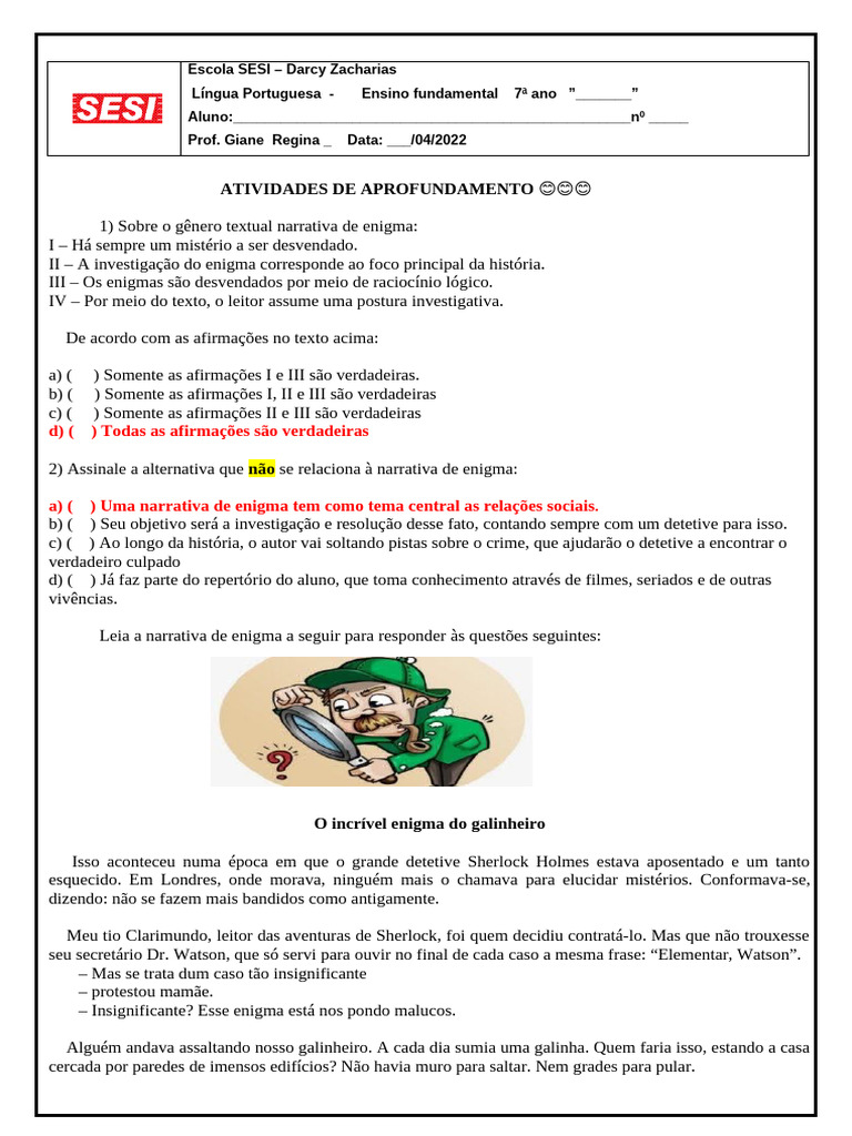 Atividades de Enigma para 7º Ano | PDF | Sherlock Holmes | Tempo