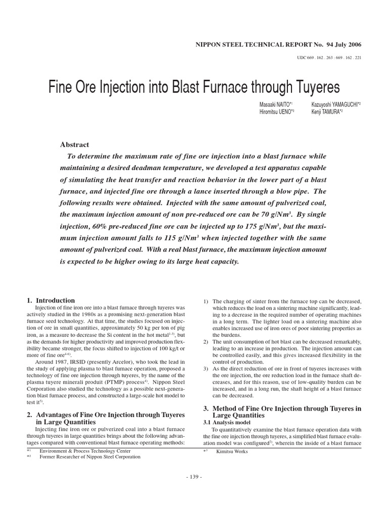 Fine Ore Injection Into Blast Furnace Through Tuyeres | PDF | Blast ...
