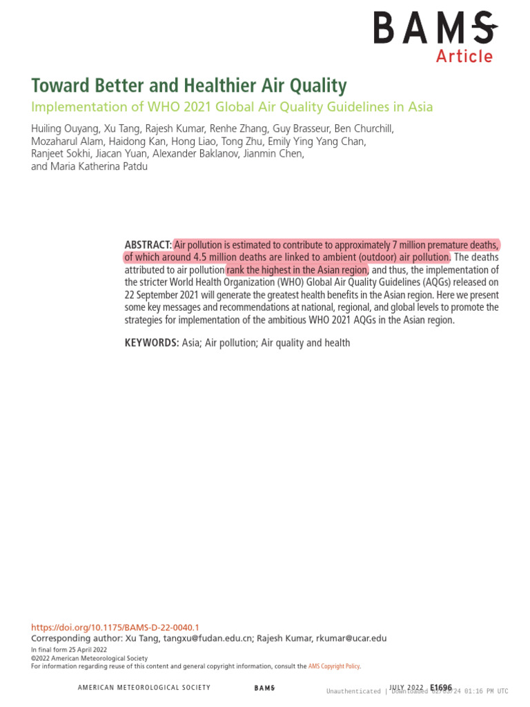 Toward Better and Healthier Air Quality Implementation of WHO 2021 ...
