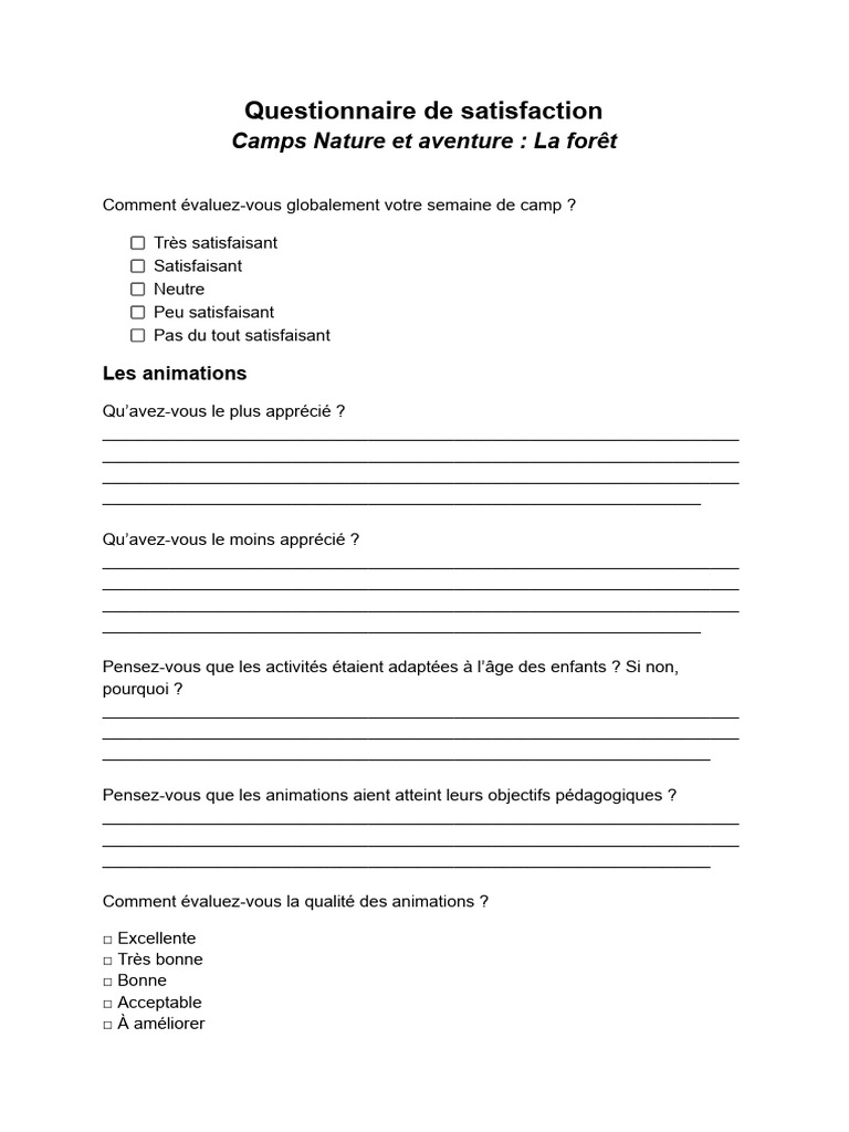 Questionnaire de Satisfaction Camp Nature | PDF