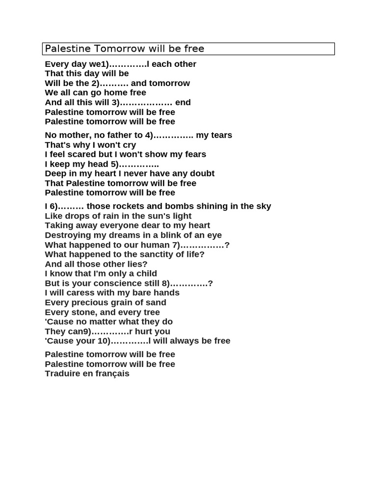 Palestine Tomorrow will be free document lyrics PDF
