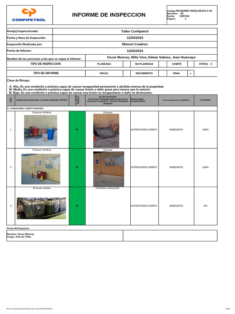 Informe de Inspección Taller Confipetrol | PDF